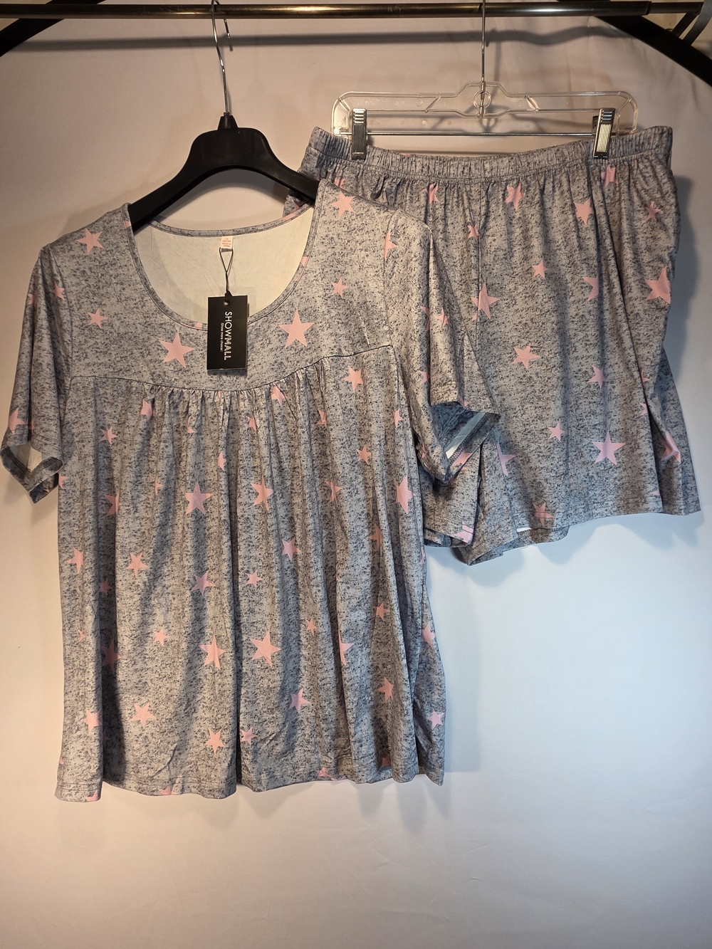 NEW Showmall Women Pajamas Babydoll Top With Shorts Size XL Gray Pink Stars Soft
